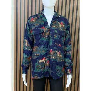 Vintage Rondina Women's Equestrian Fox Hunt Print Rayon Blouse Navy Blue 4